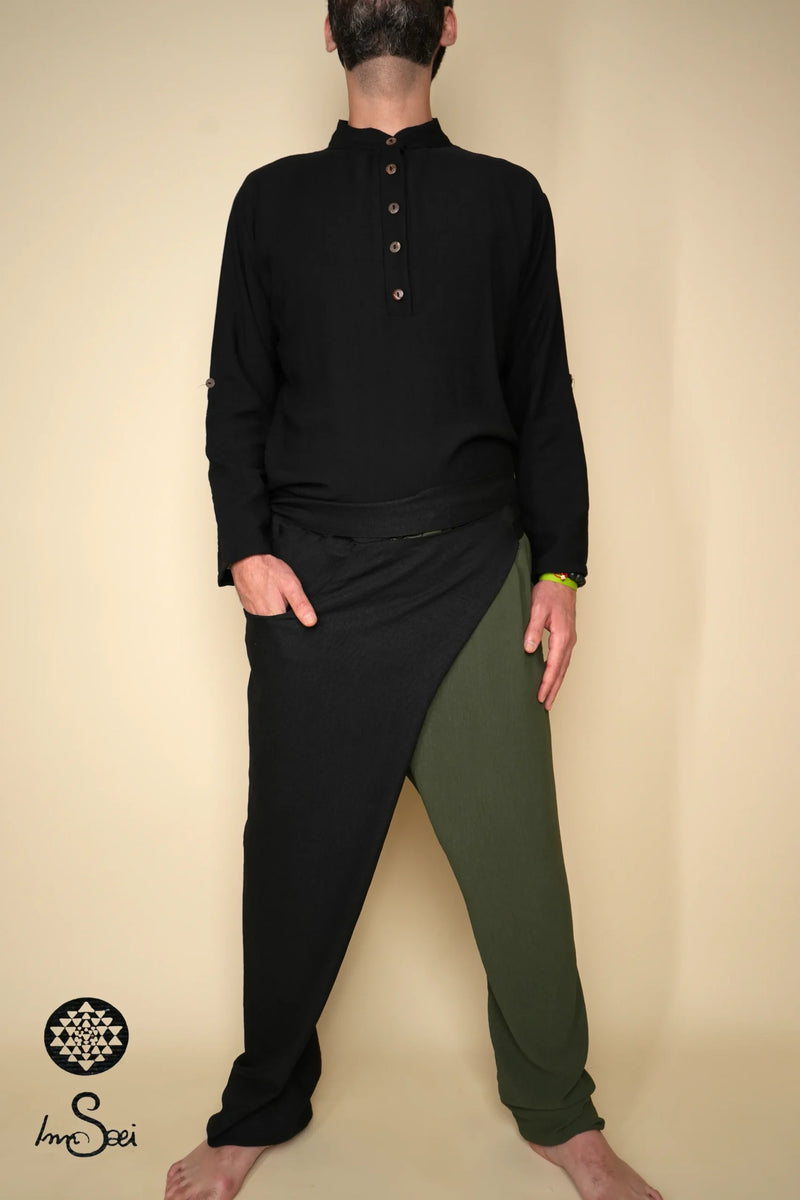 Mystic Black & Olive Tied Linen Harem Pants