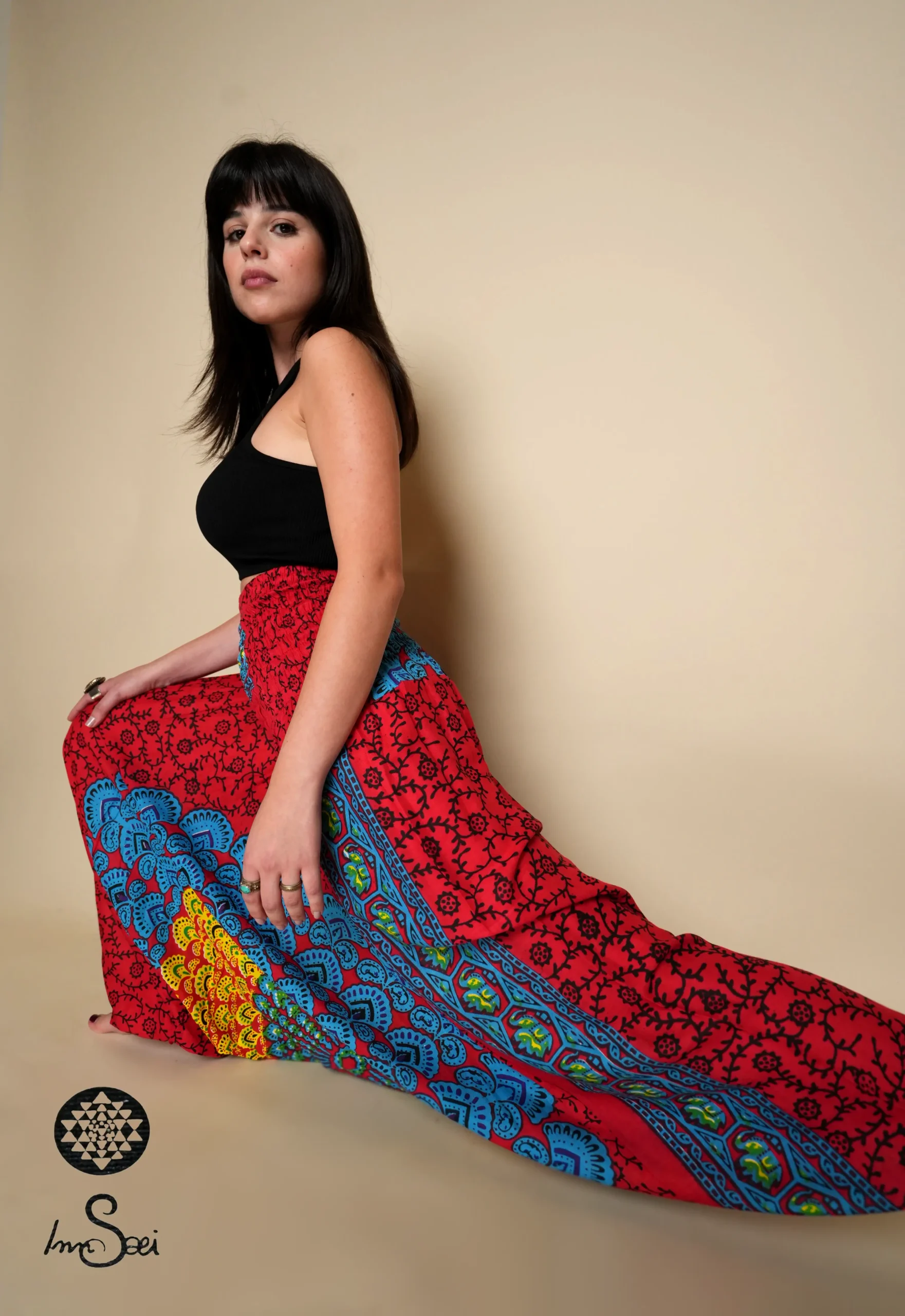 527 Fiery Red/Blue Cotton Printed Harem Pants - Image 1